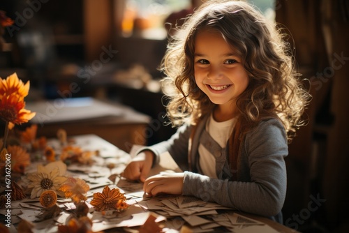 Young girl crafting a hand-made Thanksgiving card to give to a family member, Generative AI