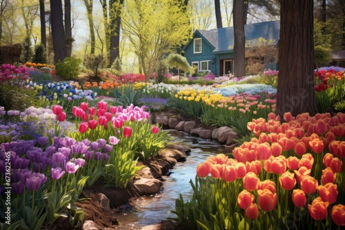 A lush and colorful garden in full bloom during springtime