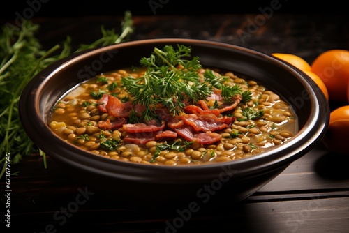 A plate of hearty bacon and lentil soup garnished with fresh herbs