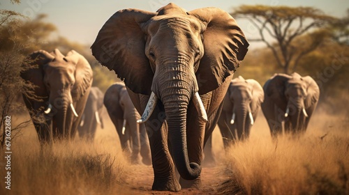 a herd of elephants walking through the wild photo