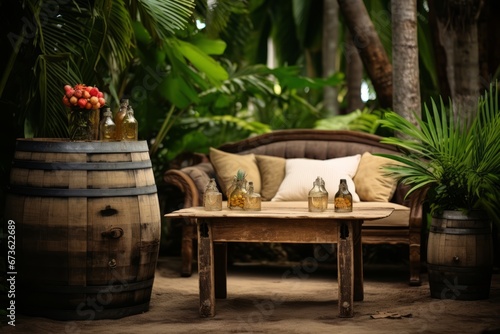 A rustic outdoor setting with a wooden barrel and glasses of rum punch, evoking the charm of traditional libations