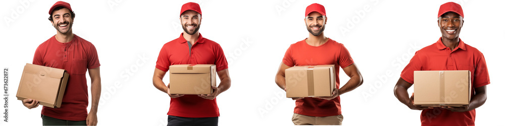 A set of Delivery men with red suits smiling on isolated on a transparent background A set of Delivery men with red suits smiling on isolated on a transparent background