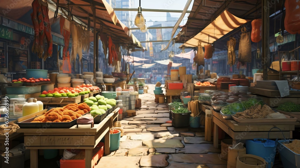 a market with various fruits and vegetables