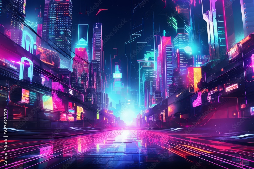 Abstract cyberpunk backdrop with neon accents and holographic elements