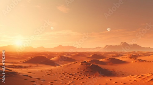 a desert landscape with hills and a moon in the sky