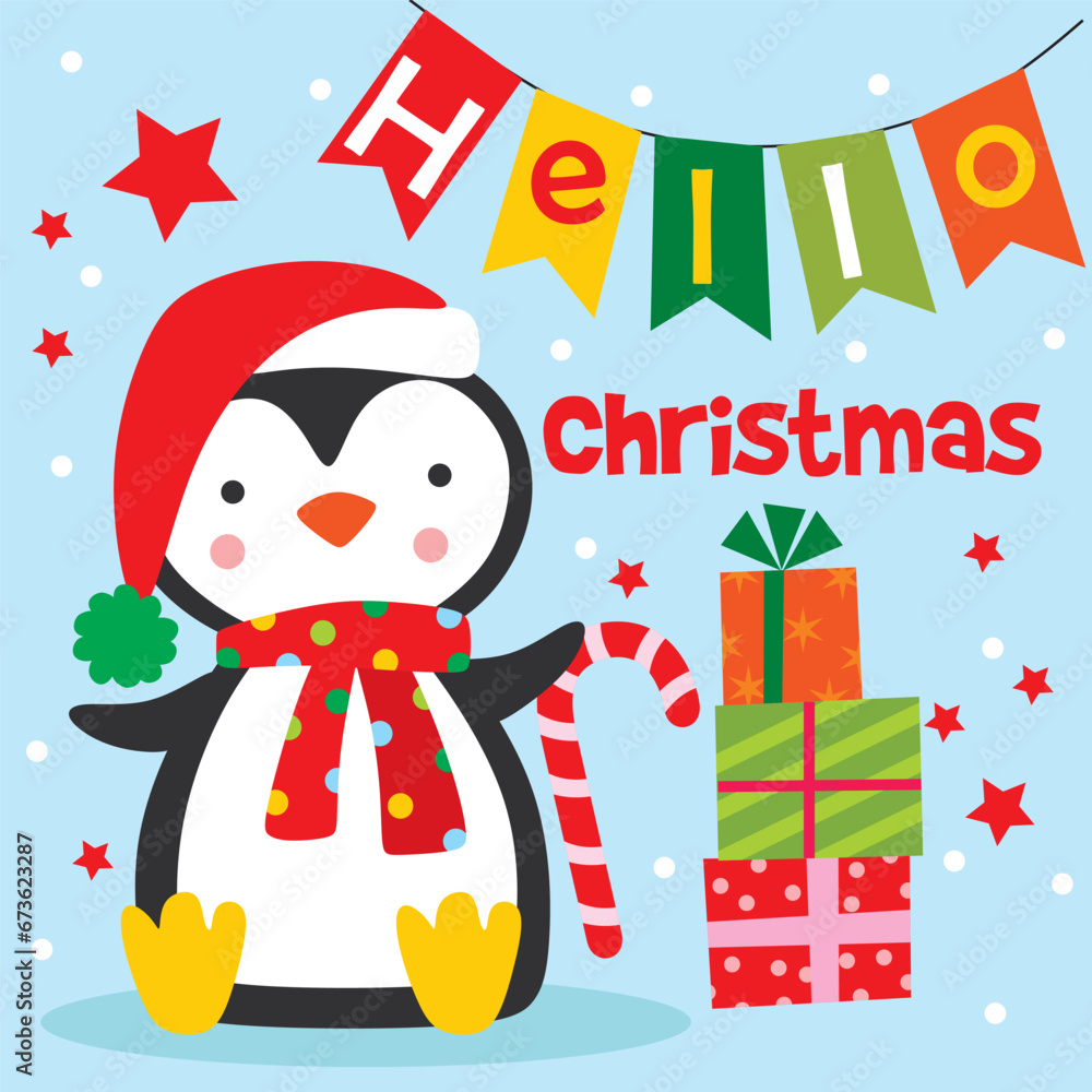 Cute Penguin with Christmas Gifts and Candy cane Cute Penguin with Christmas Gifts and Candy cane