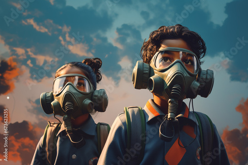 An Impactful Illustration Depicting the Harsh Reality of Air Pollution in India. A Glimpse of a Future Where Thick Mist and Oxygen Masks Are Part of Daily Life, Showing School Children Wearing Oxygen  photo