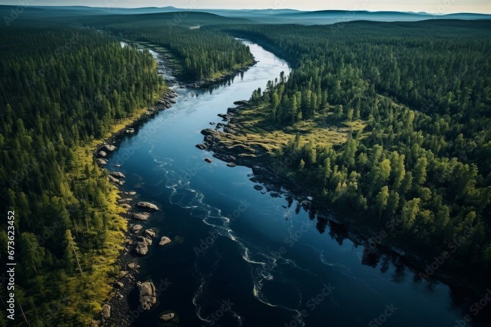 Aerial view of a serene river captured through the lens of drone technology Aerial view of a serene river captured through the lens of drone technology