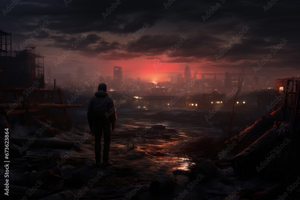 Atmospheric scene of a virtual explorer traversing through a hauntingly beautiful post apocalyptic world