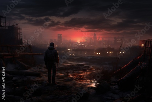 Atmospheric scene of a virtual explorer traversing through a hauntingly beautiful post apocalyptic world
