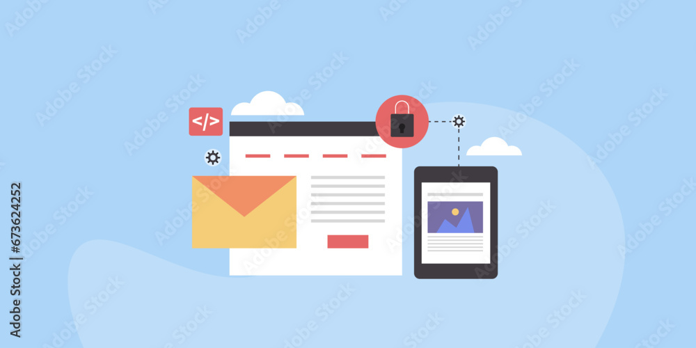 Fototapeta premium Secure email communication network, cloud computing technology, website data display on tablet screen, online message, electronic mail service, vector illustration web banner.