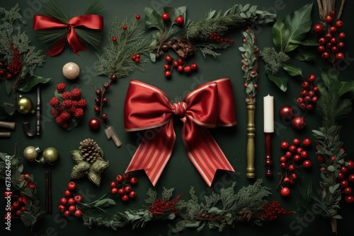 Classic red and green Christmas flatlay with bows, ornaments, and holly berries