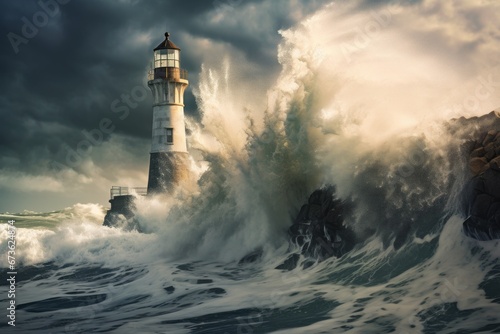 Coastal lighthouse standing as a sentinel against crashing waves
