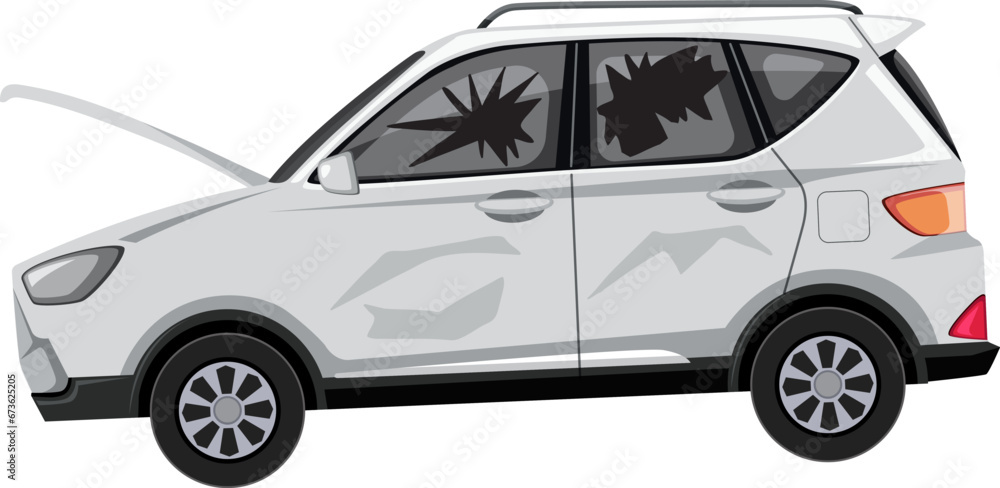 Broken White Car with Shattered Window Broken White Car with Shattered Window