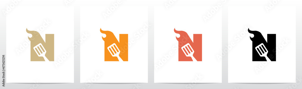 Spatula And Flame Cooking Frying On Letter Logo Design N Spatula And Flame Cooking Frying On Letter Logo Design N