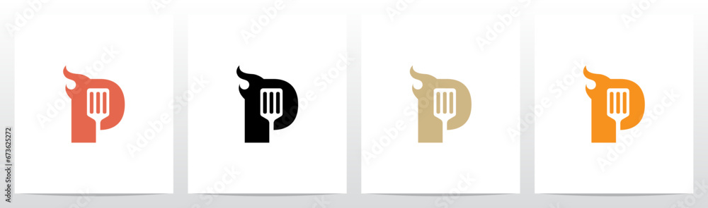 Fototapeta premium Spatula And Flame Cooking Frying On Letter Logo Design P