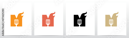 Spatula And Flame Cooking Frying On Letter Logo Design M