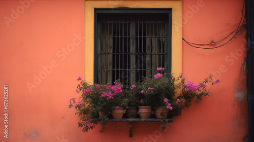 a pink-painted wall with a window and flowers in it