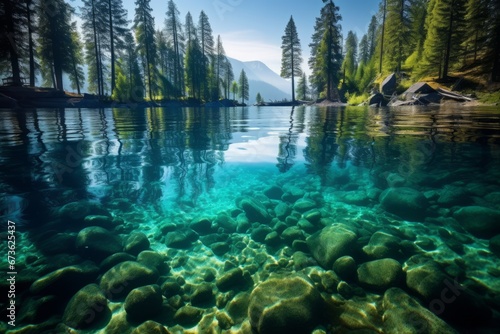 Crystal clear lake reflecting the surrounding natural beauty