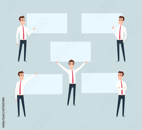 Businessman pointing. Manager standing near empty ads board with place for text. Vector template © ONYXprj