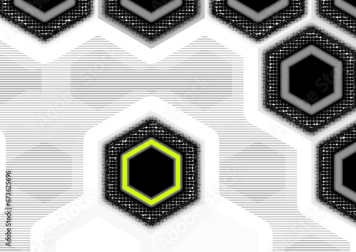 Hexagonal cells with different layers of grid dot shading and abstract lines with a yellow hexagon surrounded by a white space shaded with scan lines