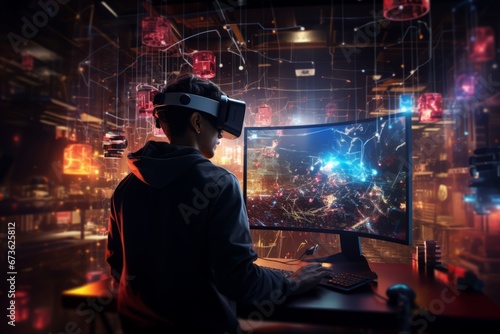 Dynamic shot of a programmer immersed in a virtual reality coding environment
