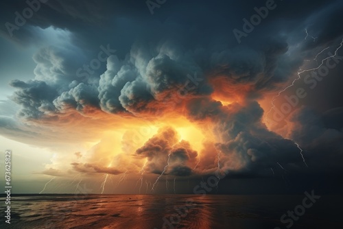 Powerful thunderstorm brewing over a serene body of water