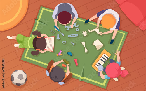 Kids artist. Background with little kids on floor reading books and drawing paints exact vector top view illustration