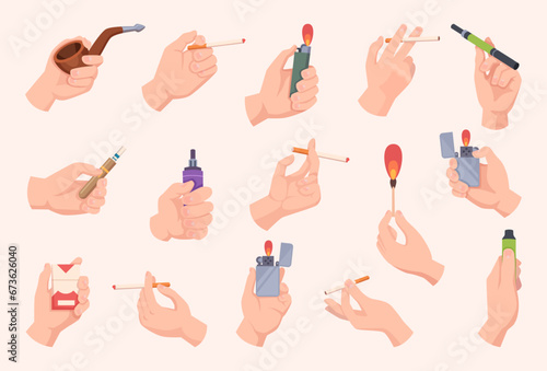 Cigarettes. Male and female hands holding tobacco products exact vector vape and e cigarettes cartoon illustrations