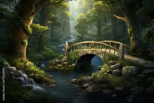 Enchanted forest scene with a small bridge over a babbling brook