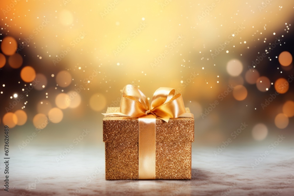 Golden gift box with a sparkling bow on a winter background Golden gift box with a sparkling bow on a winter background