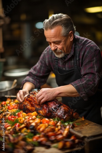 Traditional roasted turkey being carved by a skilled chef at the Thanksgiving feast, Generative AI