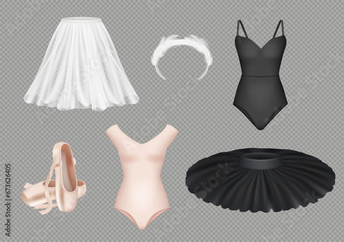 Ballet clothes. Fashioned performing ballerina tutu skirt and boots with bodysuit decent vector realistic illustrations set