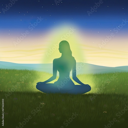 An illustration of a spiritual radiating silhouette. Lotus pose, yoga. Harmony, clear mind, pacification. Meditation. Therapy, psychology. Aura, karma. Vibe, zen, conciliation. Theological practice © grooveisintheheart