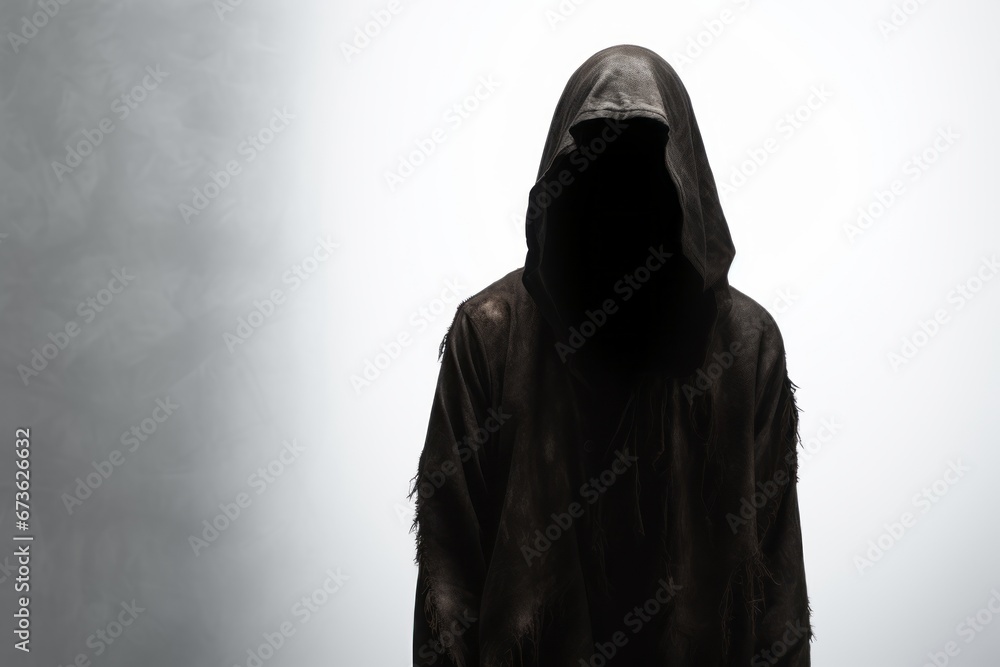 Hooded figure standing in the shadows on a white background. Hooded figure standing in the shadows on a white background.