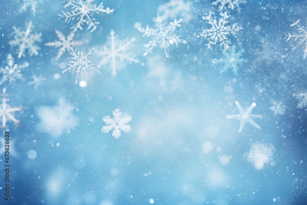 Icy blue background with delicate snowflakes floating gently.