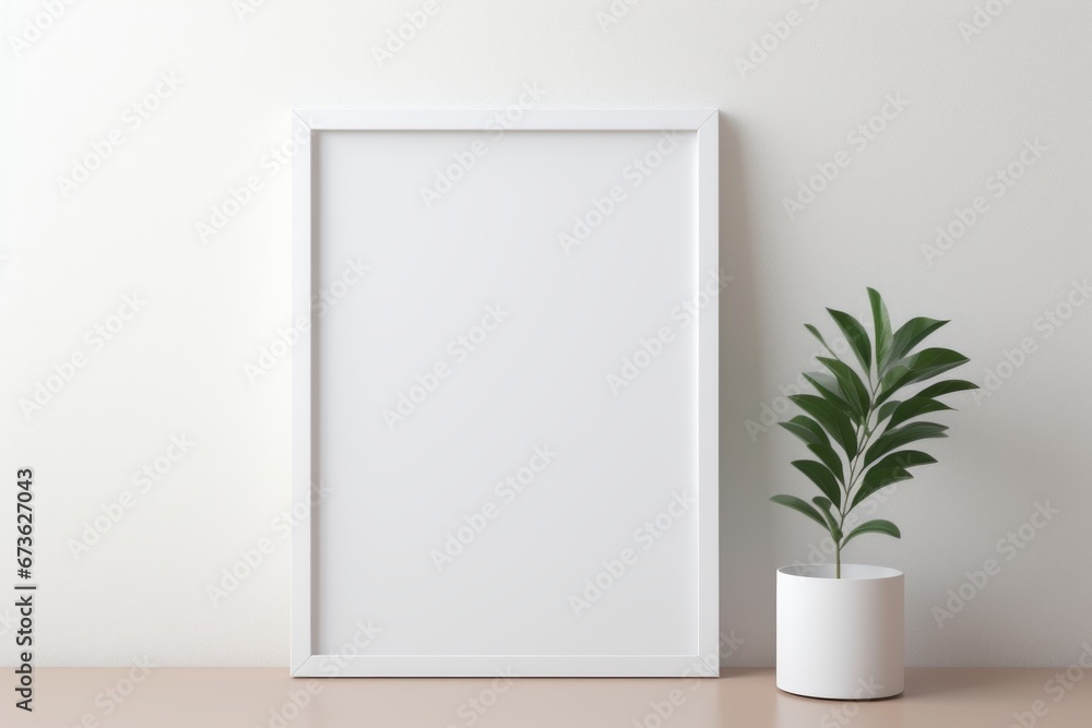 White picture frame next to a potted plant White picture frame next to a potted plant