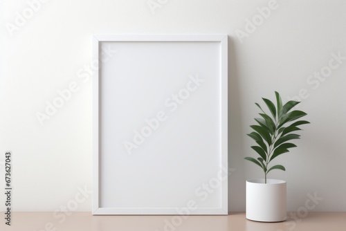 White picture frame next to a potted plant