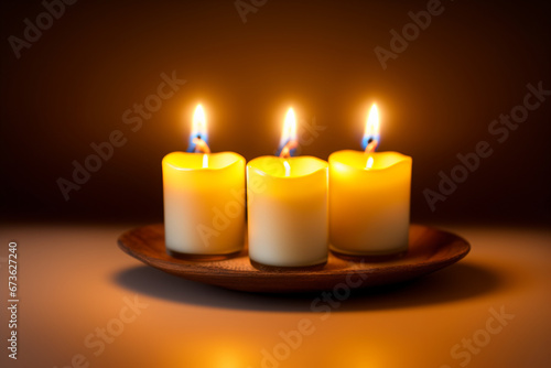 three burning candles on black