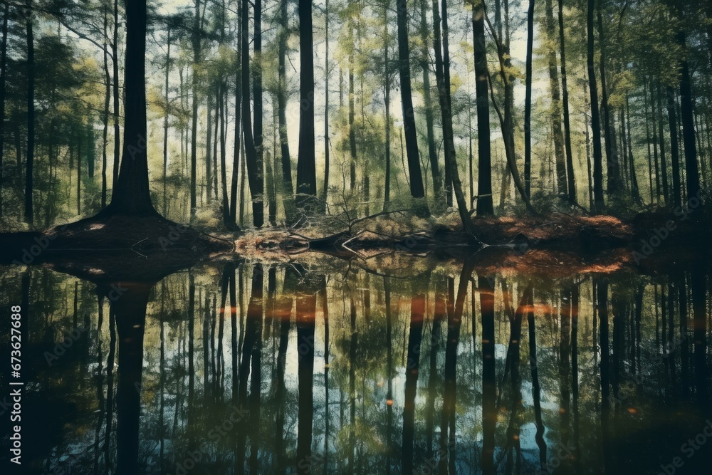 Obraz premium Reflection of trees in a calm forest pond