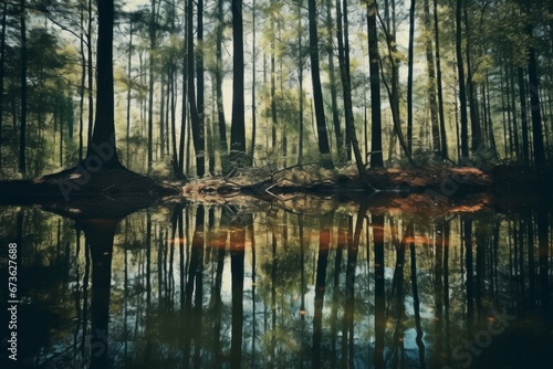 Reflection of trees in a calm forest pond