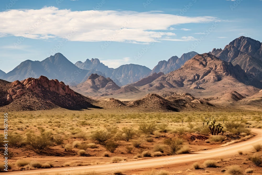 Rugged desert terrain and distant mountains in a classic natural vista