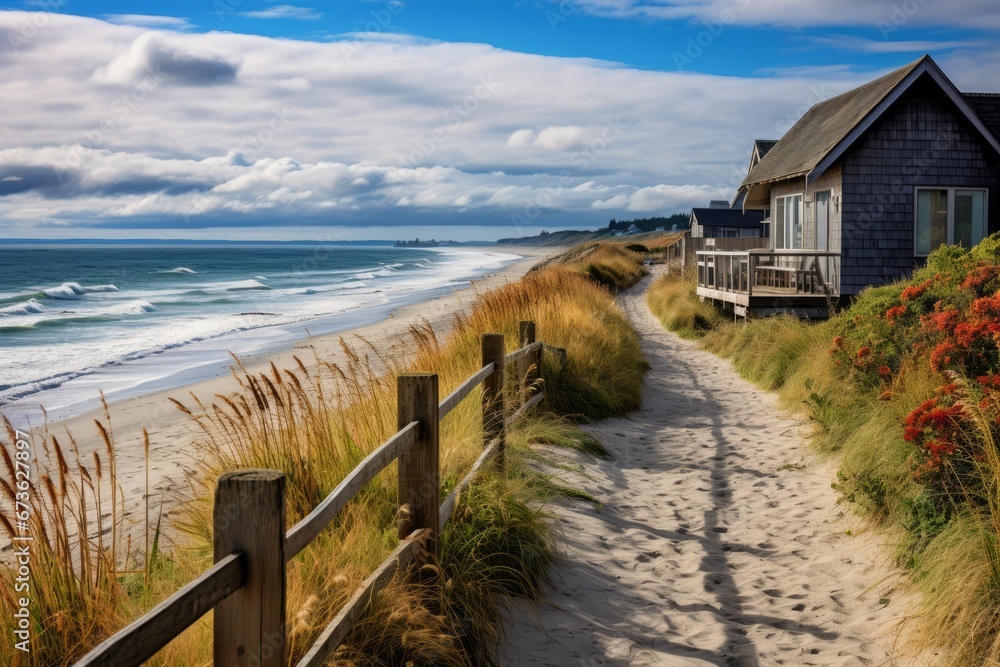 Sandy path leading to a charming beach house on the shore Sandy path leading to a charming beach house on the shore