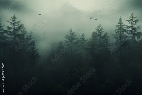 Serene and tranquil social media background with a misty forest scene © KerXing