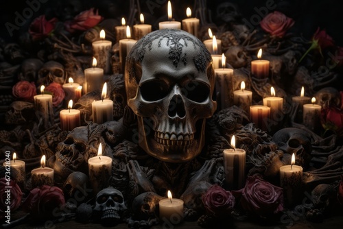 Skull surrounded by candles. Halloween theme background