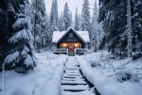 Snow covered footsteps leading to a cozy cabin © KerXing