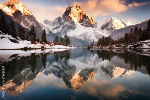Snow-capped peaks reflecting in a calm alpine lake