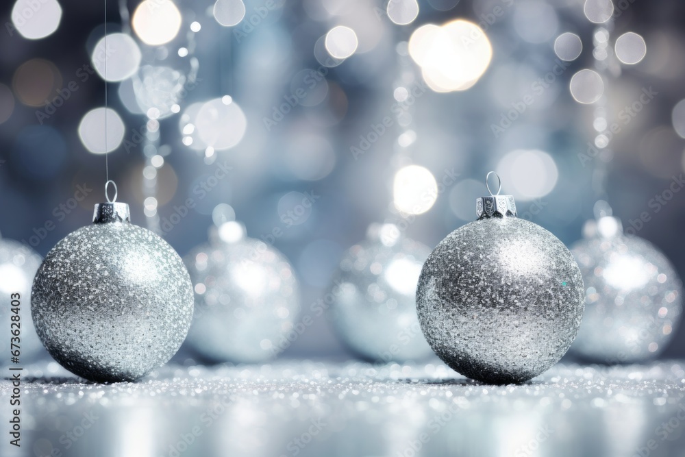 Sparkling silver ornaments on a background of shimmering holiday magic. Sparkling silver ornaments on a background of shimmering holiday magic.