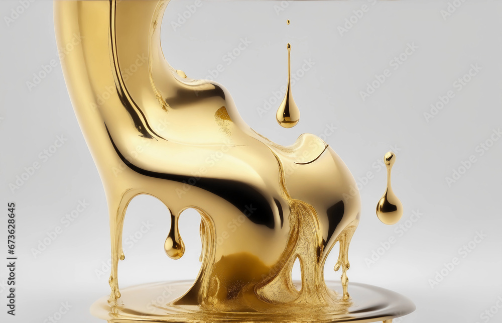 Realistic illustration of golden liquid or golden water droplets. white background. generative ai