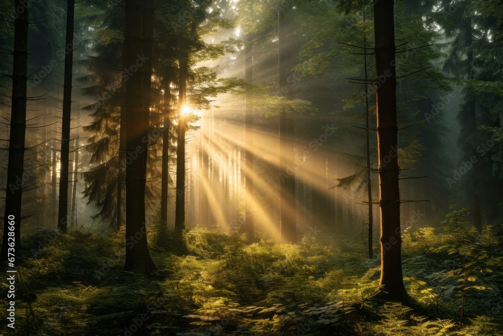 Naklejka premium Sunlight breaking through dense trees, creating a magical scene